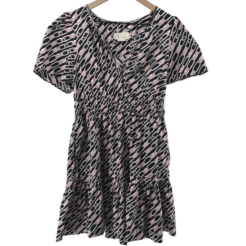 Anthropologie Somerset Mini Dress Women Large Black Chain Print Smocked Preppy - Picture 1 of 8